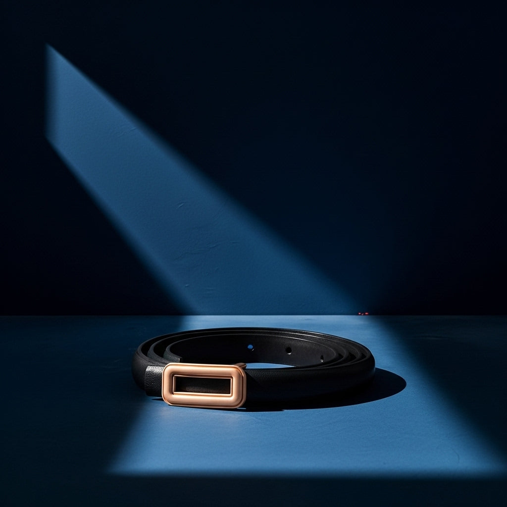 Ceinture fine Sidonie en cuir noir avec boucle rectangulaire dorée et traitement nubuck, posée sur fond bleu avec un jeu d'ombre et de lumière #fullwidth
