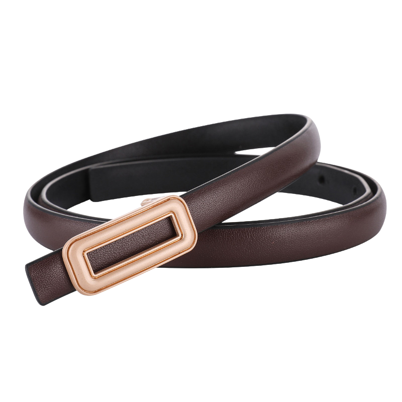 Ceinture fine Sidonie en cuir marron avec une boucle rectangulaire dorée, finition lisse et toucher doux.