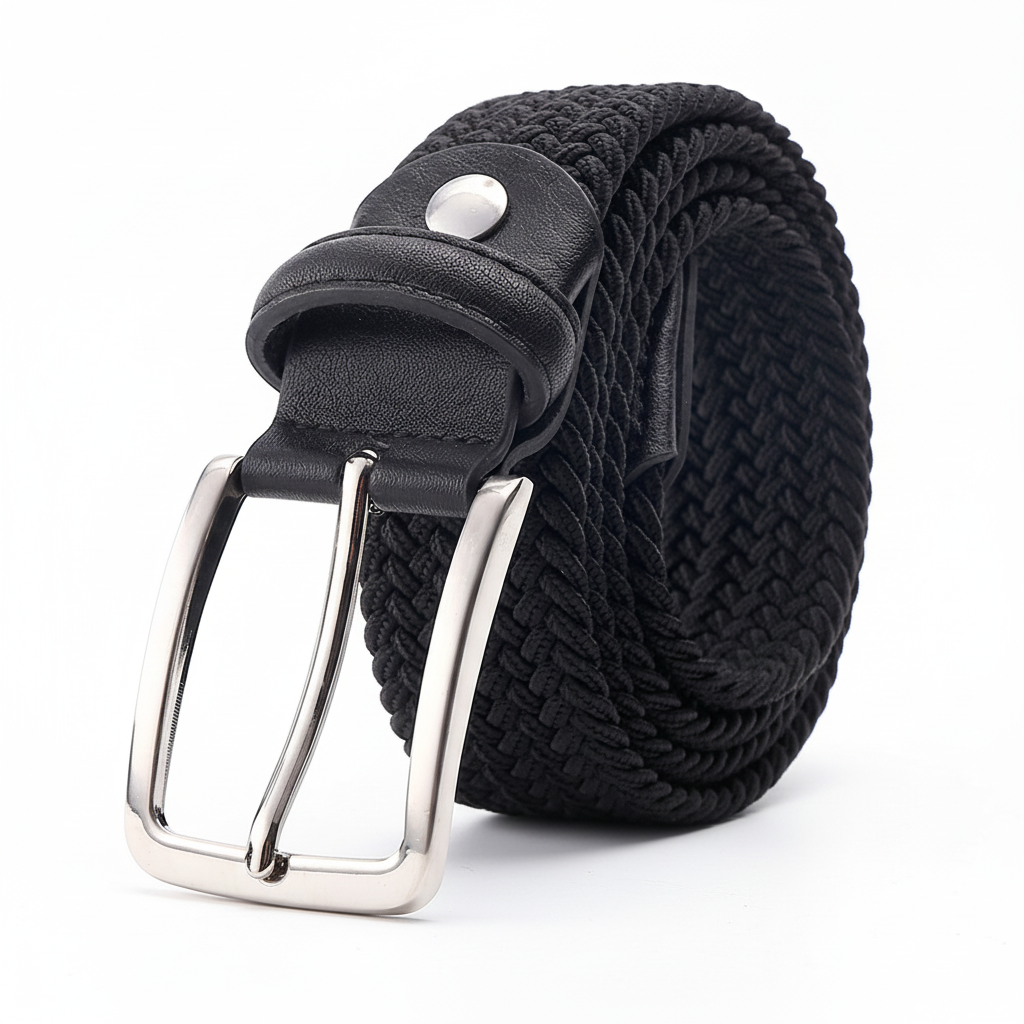 Ceinture SimonOr noire pour homme en tissu élastique tressé avec boucle ardillon argentée.