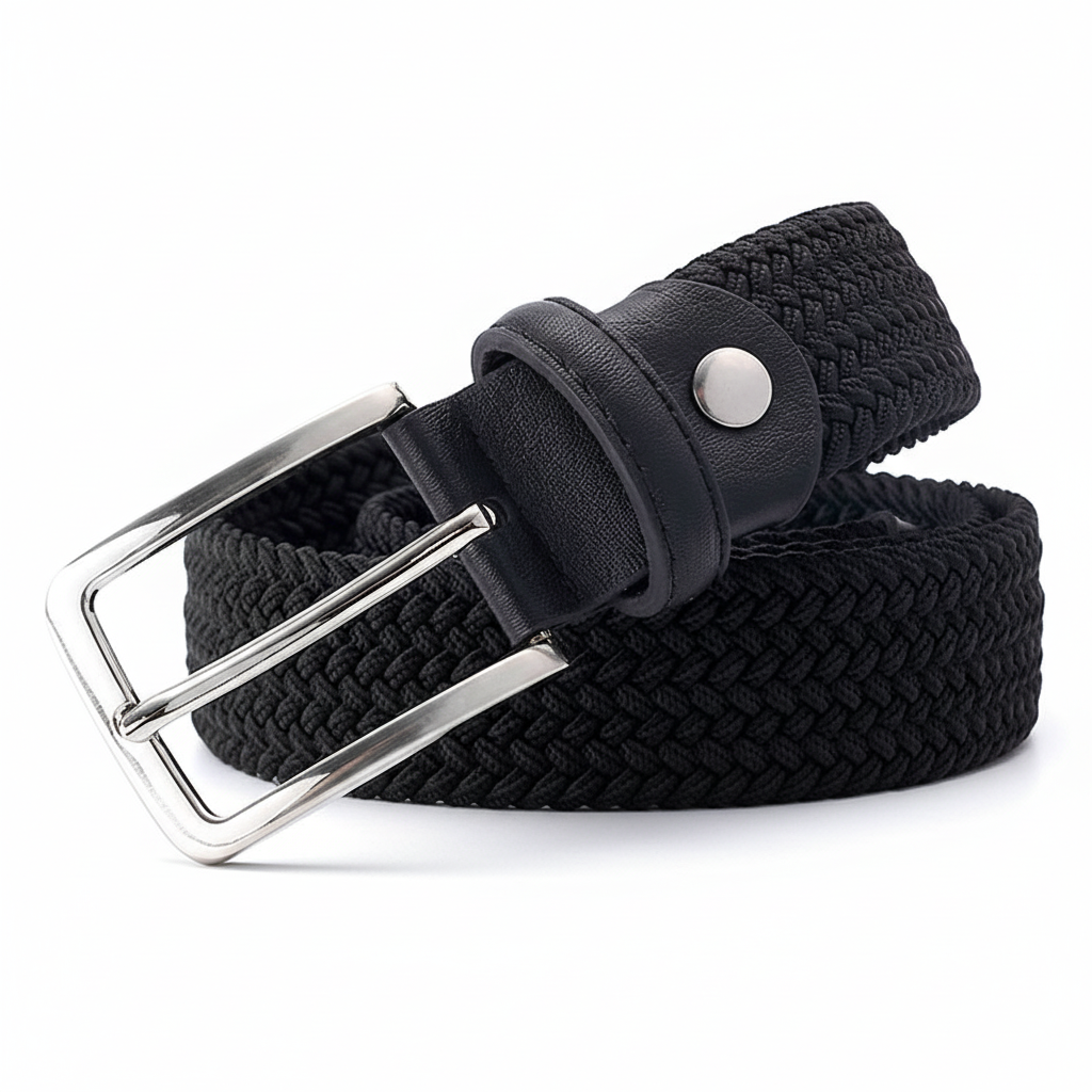 Ceinture élastique tressée noire pour homme SimonOr avec boucle argentée rectangulaire