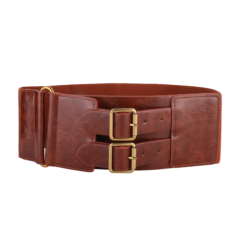 Ceinture large en simili cuir marron café pour femme, avec double boucle ardillon dorée et système élastique au dos.