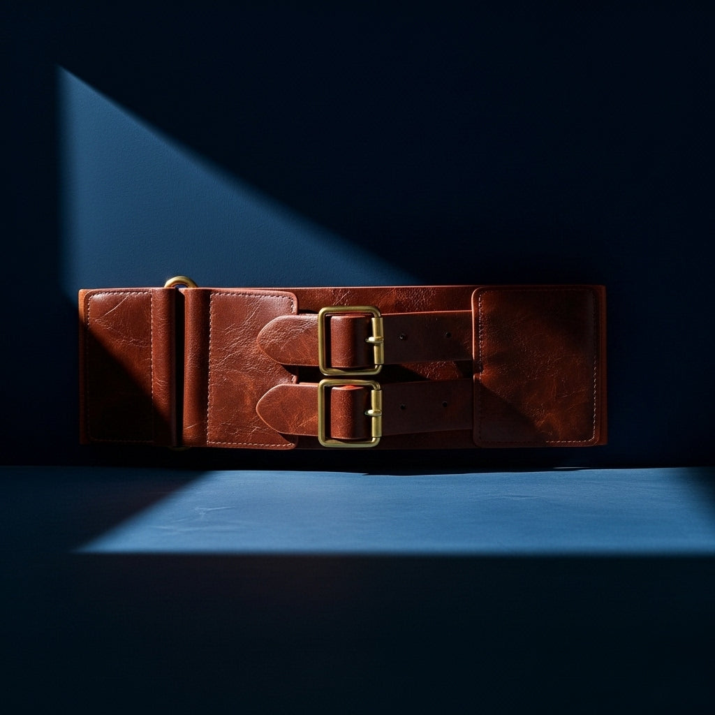 Ceinture large en simili cuir marron pour femme, modèle "Soie", avec double boucle ardillon dorée rectangulaire et système de fermeture ajustable. #fullwidth