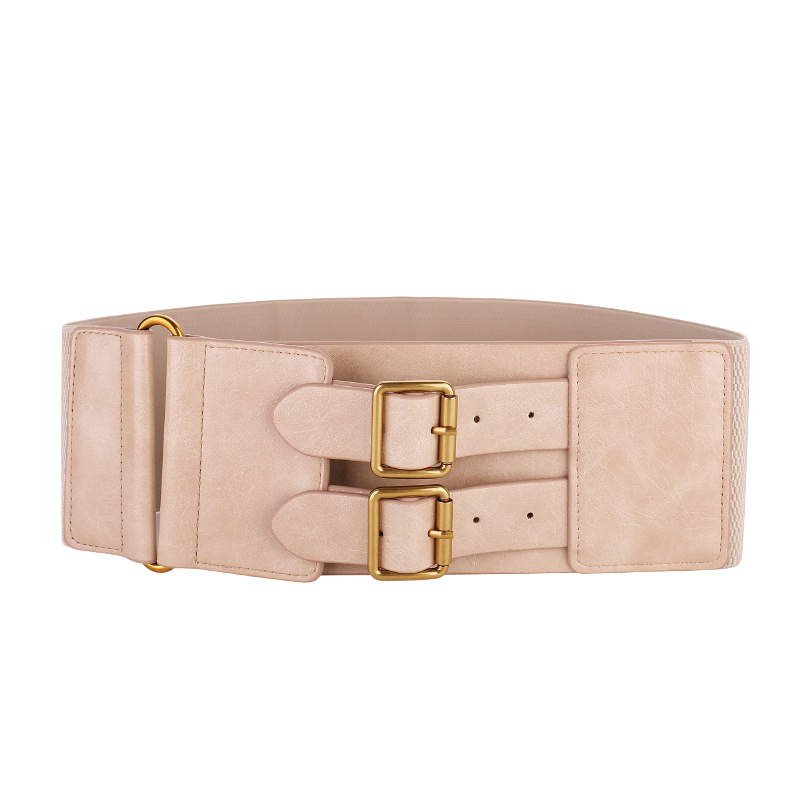 Ceinture large beige pour femme, modèle Soie, avec deux boucles ardillon dorées et une lanière texturée.