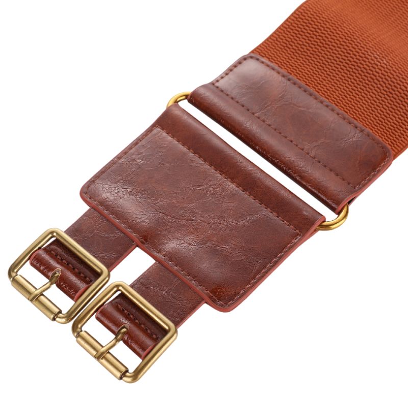 Ceinture pour femme Soie marron avec double boucle ardillon dorée et lanière en simili cuir et tissu élastique.