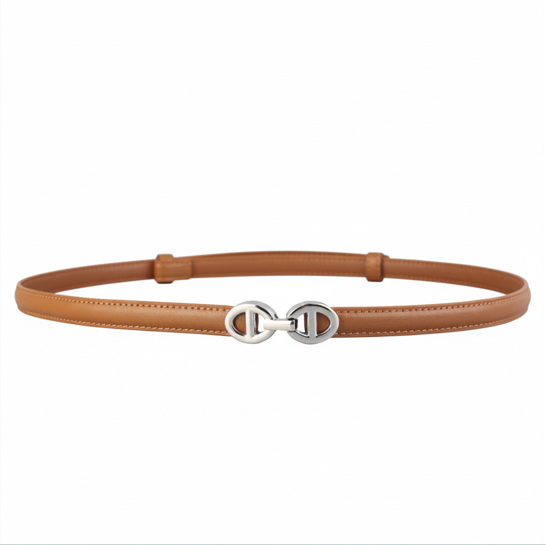 Ceinture femme fine Solange en cuir de vachette camel avec boucle ardillon ronde en alliage argenté