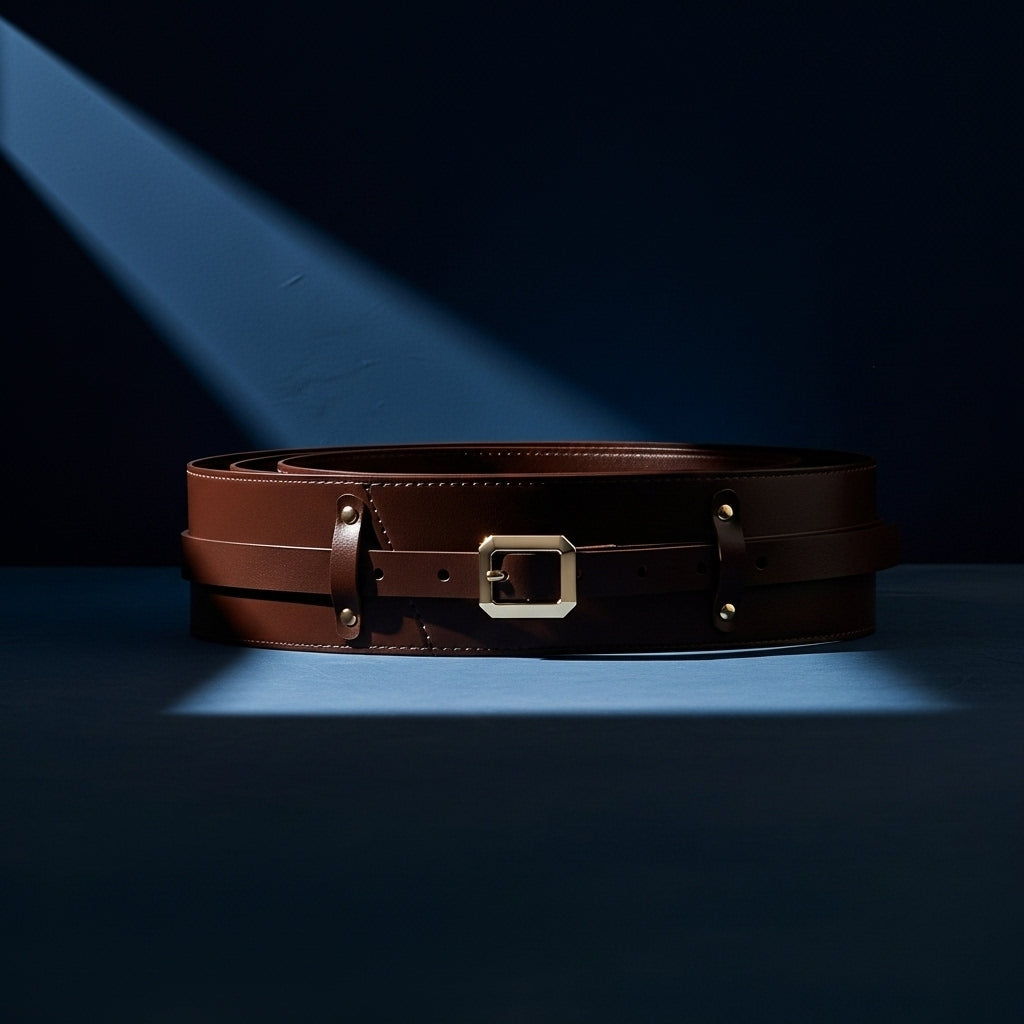 Ceinture large marron pour femme, modèle Solène, en cuir lisse avec une boucle ardillon dorée carrée et un design inspiré des ceintures corset. #fullwidth
