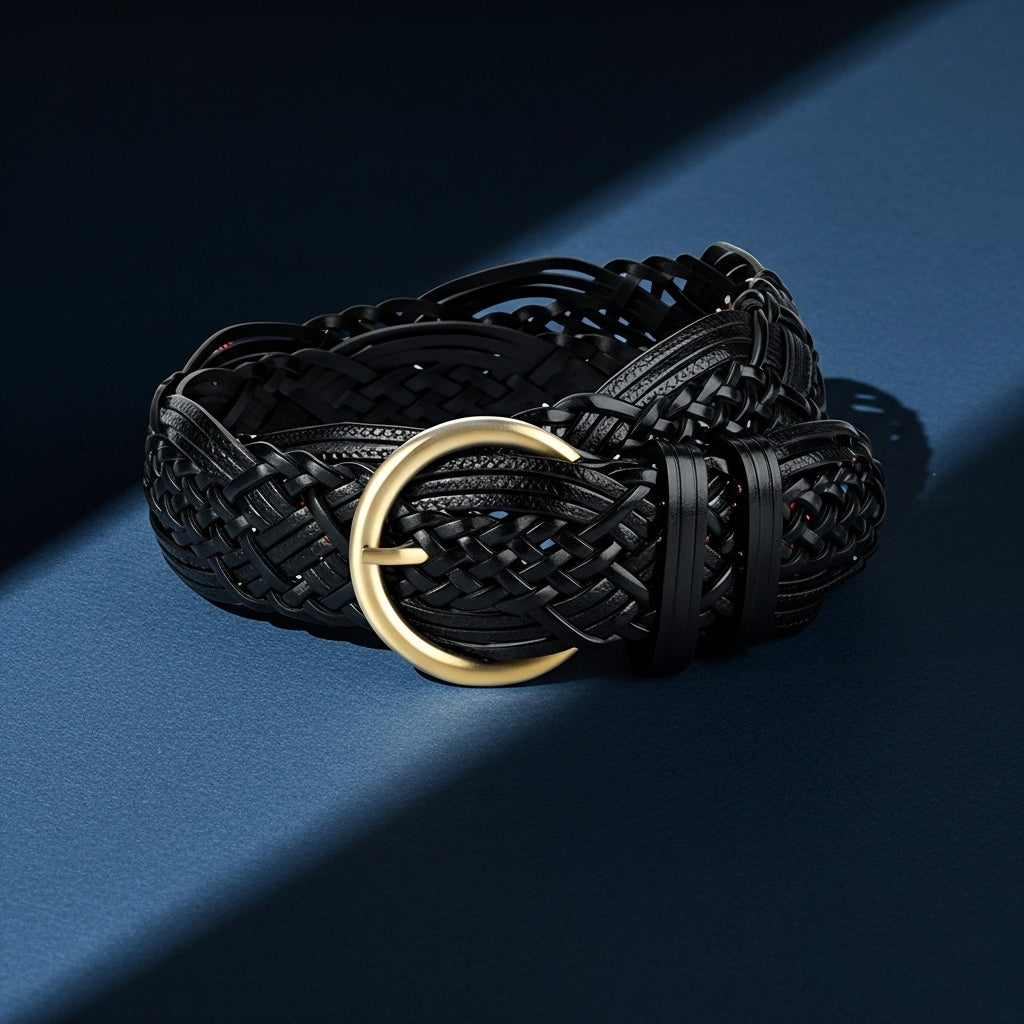 Ceinture large noire tressée modèle Sophie, avec boucle ardillon ronde dorée vieillie, style vintage. #fullwidth