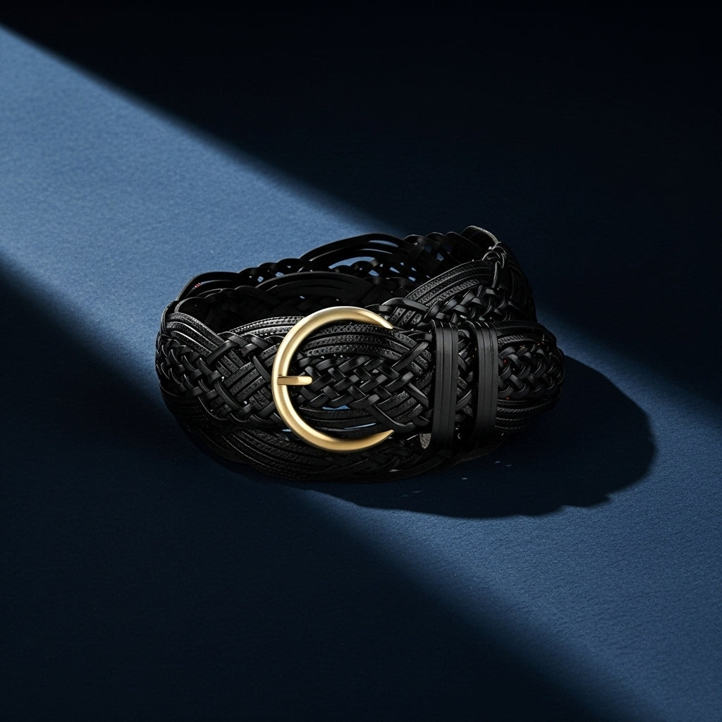 Ceinture large noire tressée Sophie avec boucle ardillon ronde en métal doré vieilli et finitions électroplaquées sur fond bleu #fullwidth