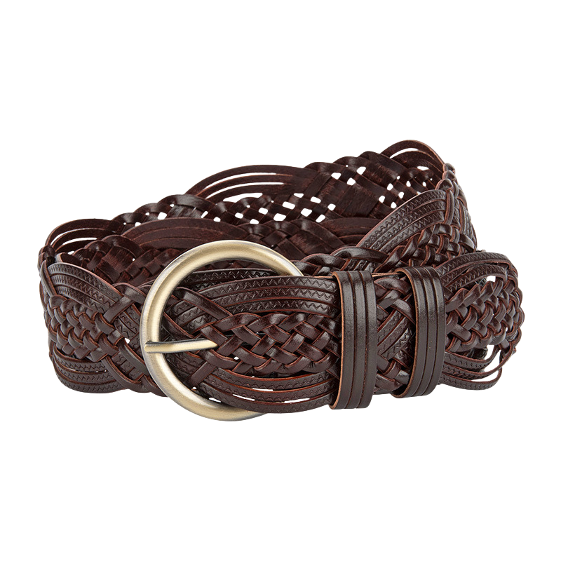 Ceinture large tressée marron pour femme, modèle Sophie, avec boucle ardillon ronde en métal doré vieilli.