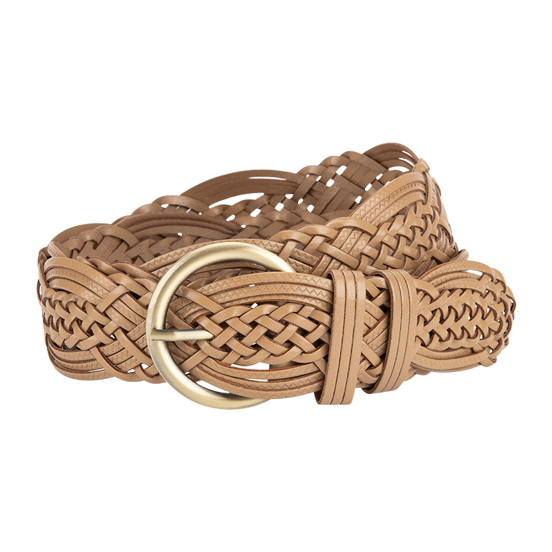 Ceinture large beige tressée Sophie avec boucle ronde en métal doré vieilli.