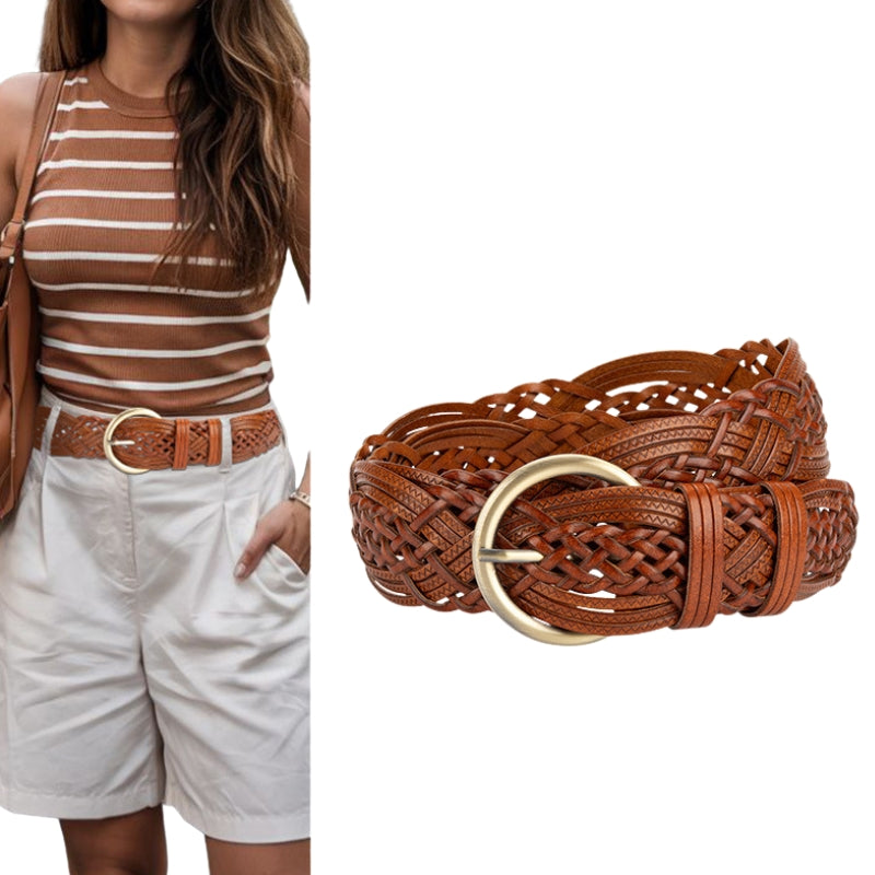 Ceinture large tressée en simili cuir marron avec boucle ronde dorée vieillie, modèle Sophie.