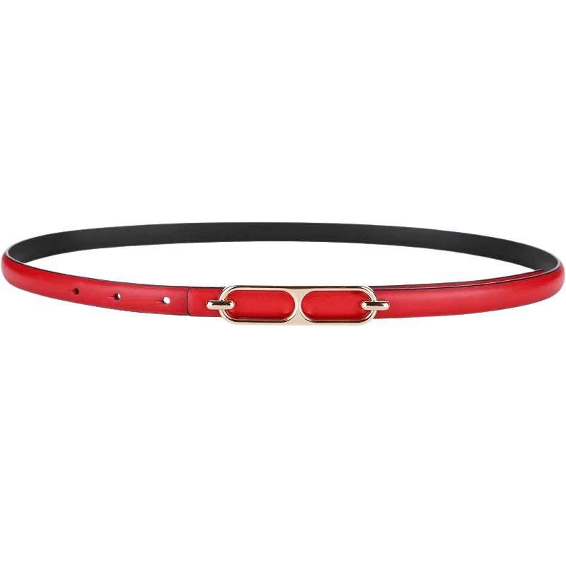 Ceinture fine rouge en cuir pleine fleur pour femme, modèle "Splendeur", avec une boucle dorée double arrondie.