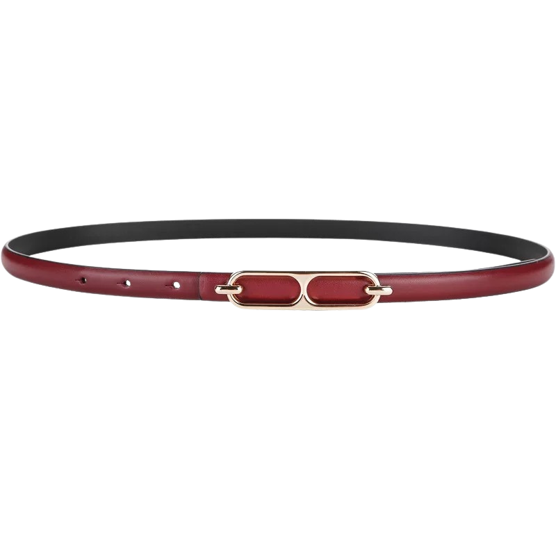 Ceinture fine pour femme Splendeur en cuir rouge avec boucle double arrondie dorée.