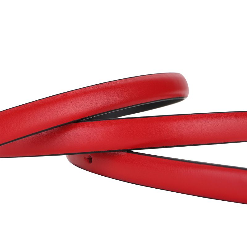 Ceinture fine rouge pour femme en cuir pleine fleur, modèle Splendeur, avec boucle double arrondie dorée.