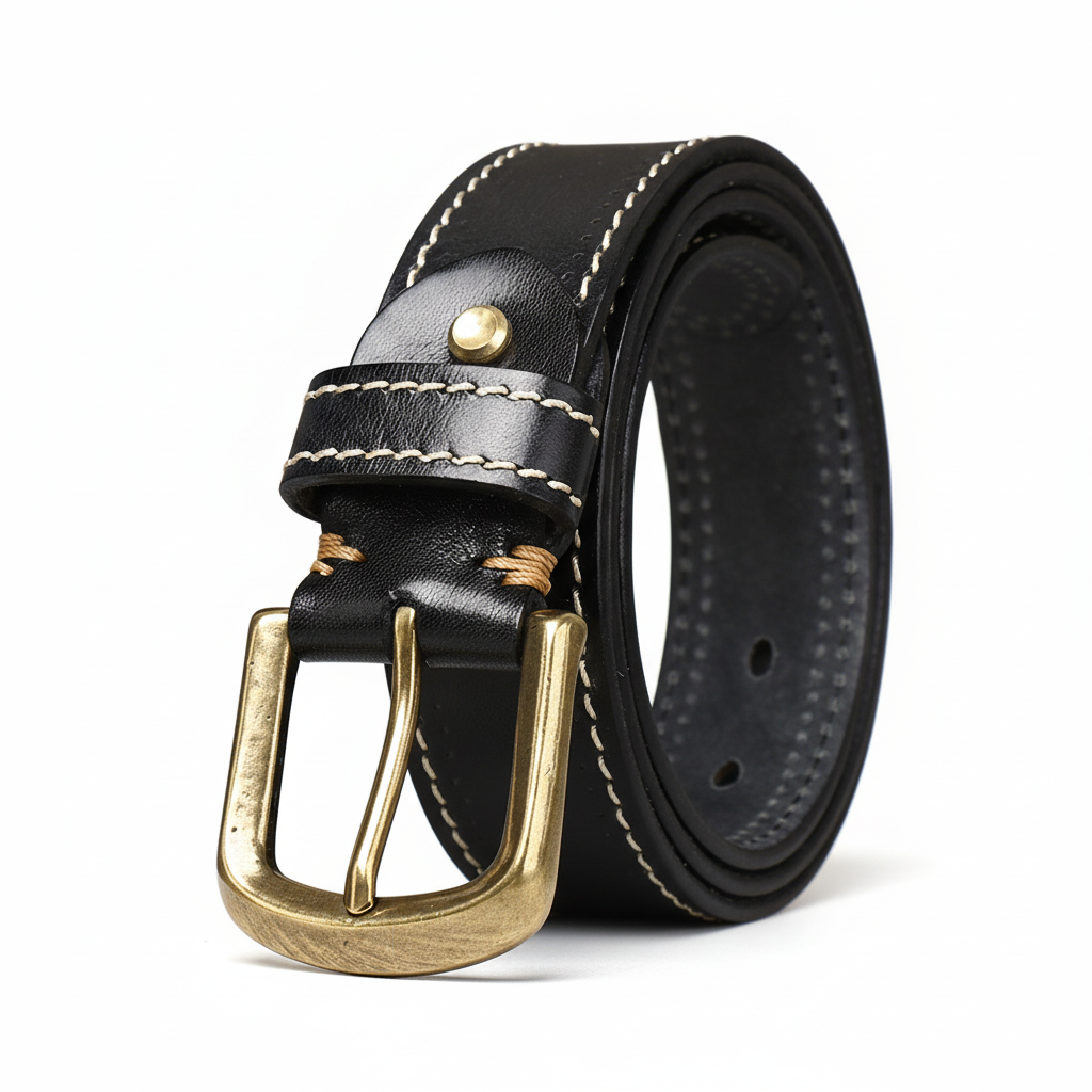 Ceinture homme Stitchor noire en cuir pleine fleur avec coutures contrastées et boucle ardillon ovale en laiton vieilli.
