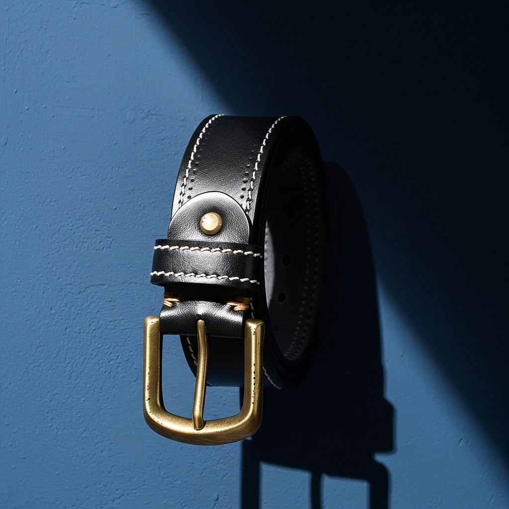 Ceinture homme Stitchor noire en cuir pleine fleur avec surpiqûres blanches contrastantes et boucle ardillon en cuivre doré vieilli #fullwidth