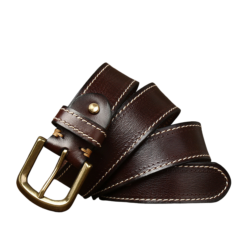 Ceinture homme Stitchor en cuir marron foncé avec coutures contrastées et boucle ardillon dorée vieillie