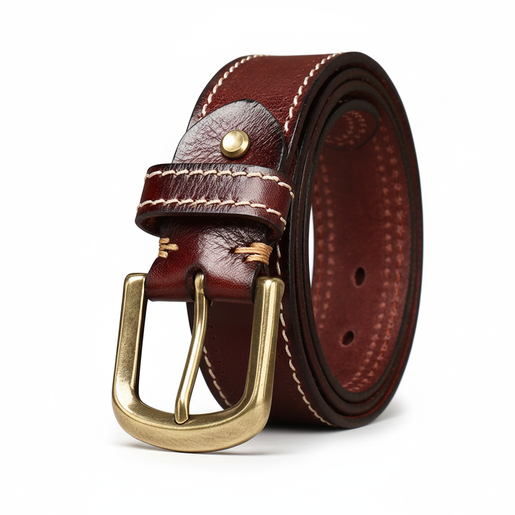 Ceinture homme Stitchor bordeaux en cuir pleine fleur avec boucle ardillon dorée vieillie et coutures contrastées