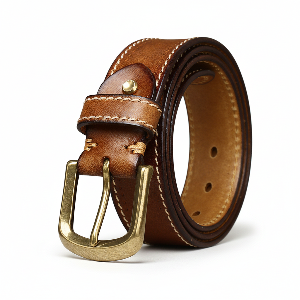 Ceinture homme Stitchor en cuir marron clair avec couture contrastée et boucle ardillon en cuivre doré vieilli.