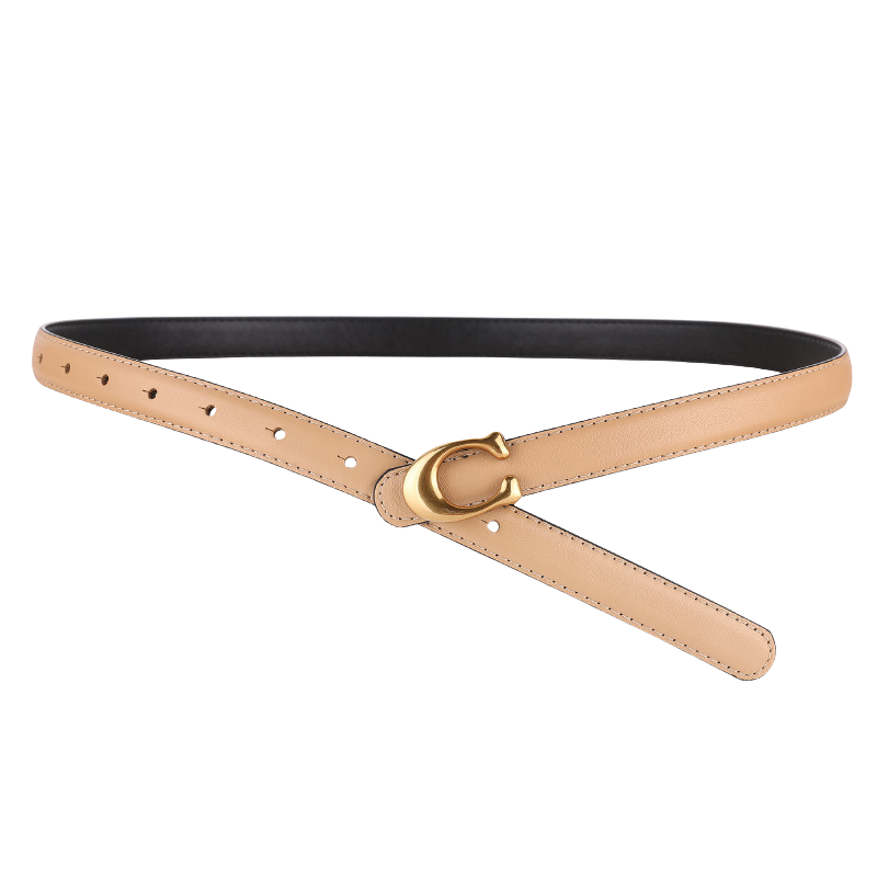 Ceinture fine beige en cuir femme Sublime avec boucle dorée en forme de C stylisé