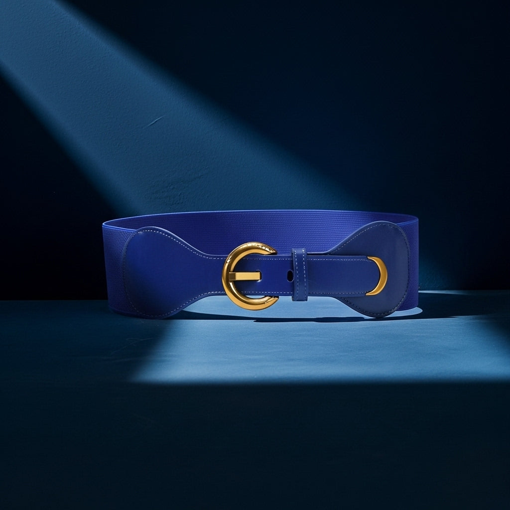Ceinture Sybille bleue en cuir verni et élastique avec boucle dorée ronde #fullwidth