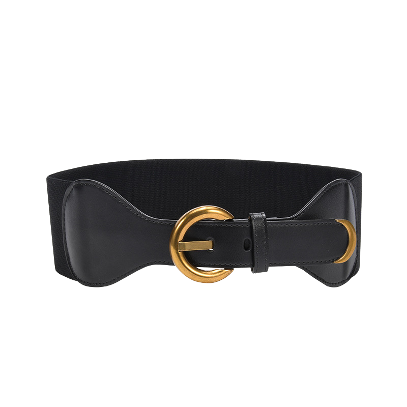 Ceinture femme Sybille noire en cuir verni et élastique, avec boucle dorée ronde et détail en D. Ceinture large et extensible, taille unique.