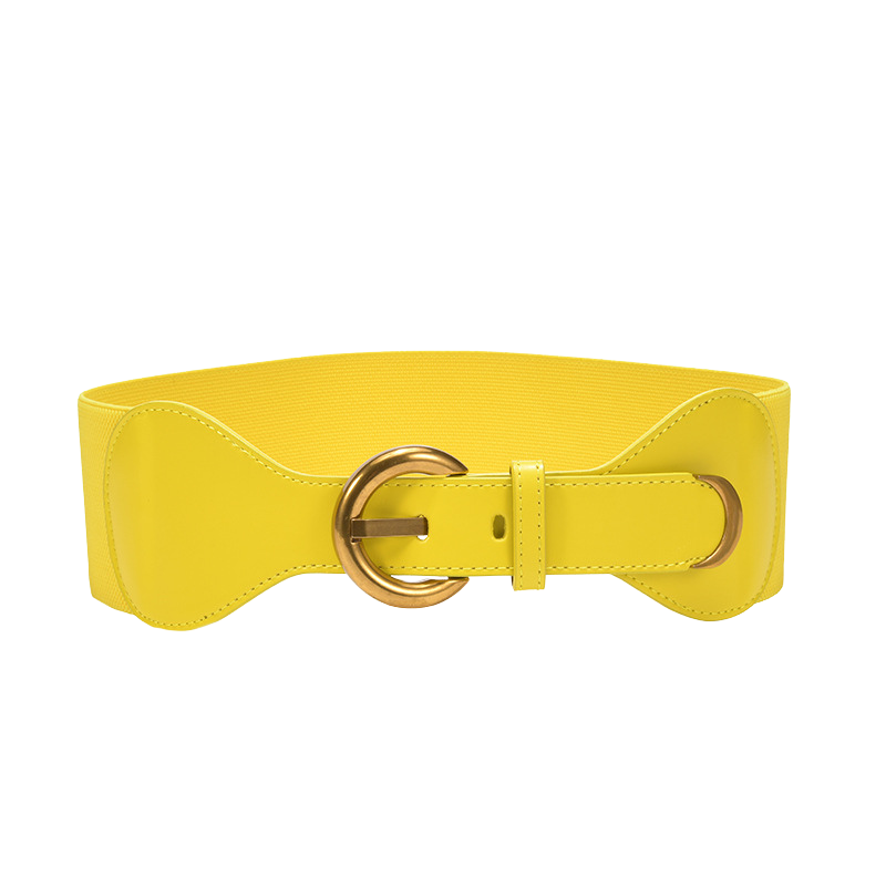 Ceinture femme Sybille jaune en cuir verni et élastique avec boucle dorée ronde.