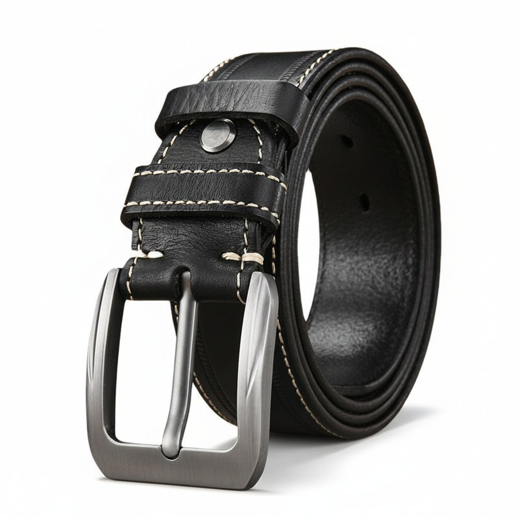 Ceinture homme Sylvain en cuir noir avec surpiqûres contrastantes et boucle ardillon argentée