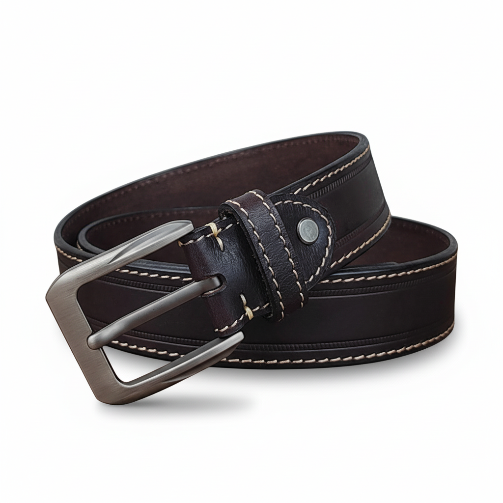 Ceinture homme Sylvain en cuir noir lisse avec surpiqûres décoratives et boucle ardillon argentée.