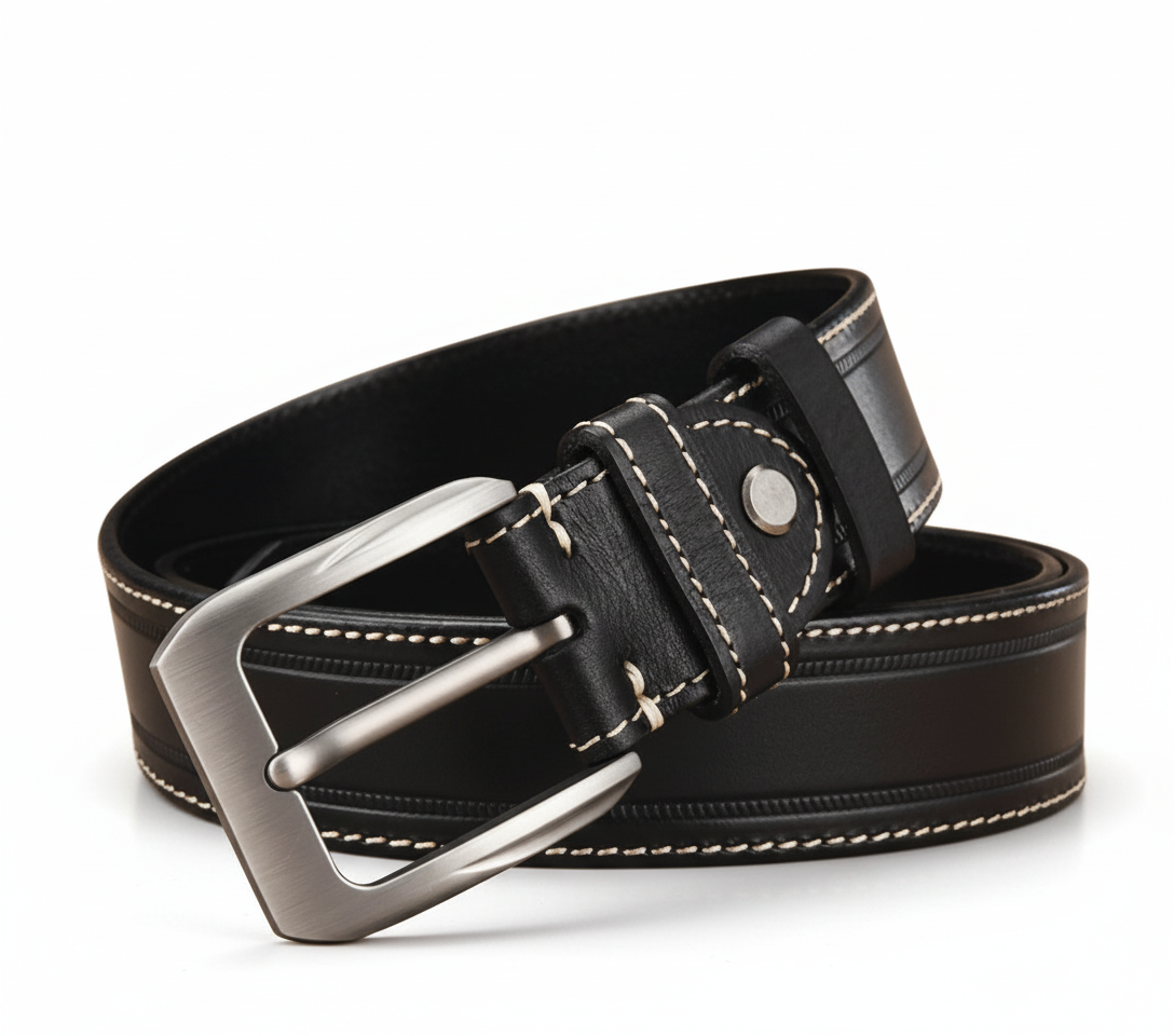 Ceinture homme en cuir noir Sylvain avec boucle ardillon argentée et surpiqûres contrastantes