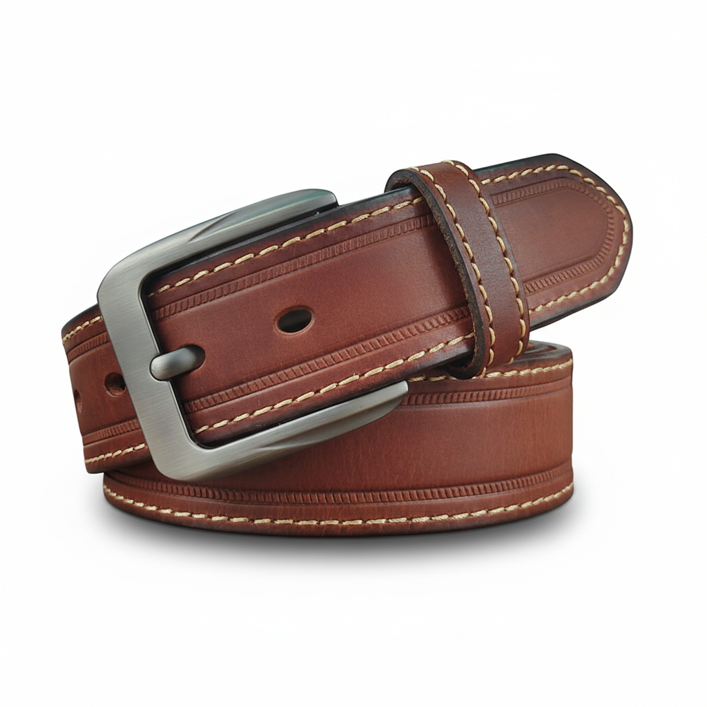 Ceinture homme Sylvain en cuir marron cognac avec boucle ardillon argentée et double surpiqûre décorative sur fond blanc.