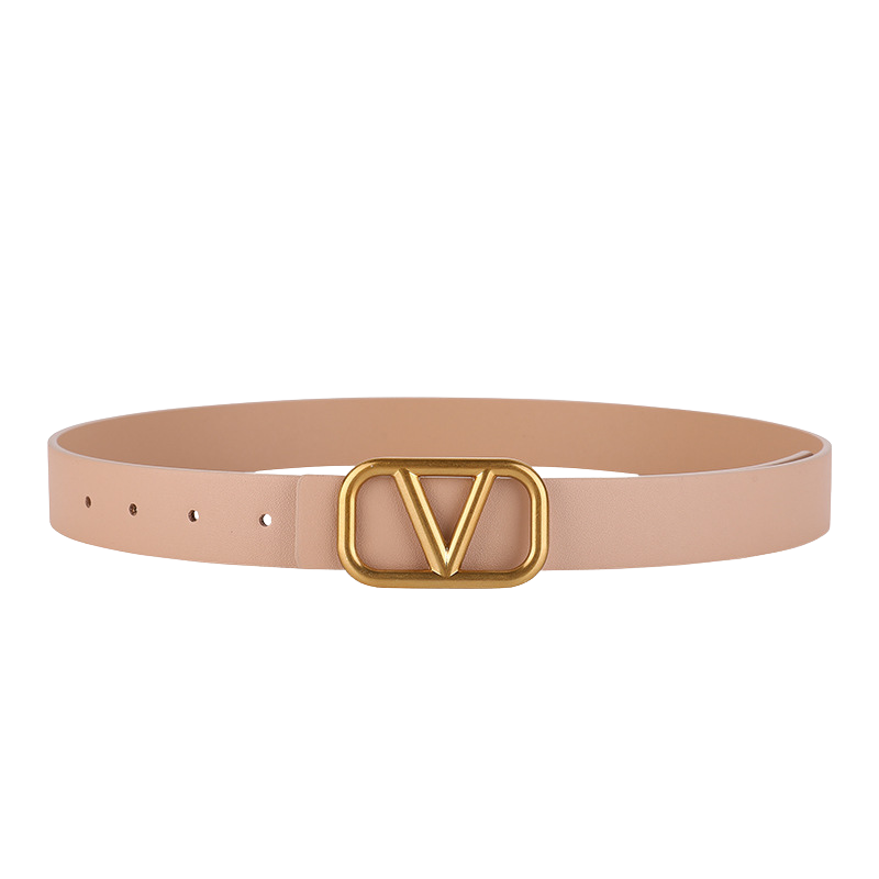 Ceinture Talitha beige en cuir refendu avec boucle rectangulaire dorée ornée du logo V
