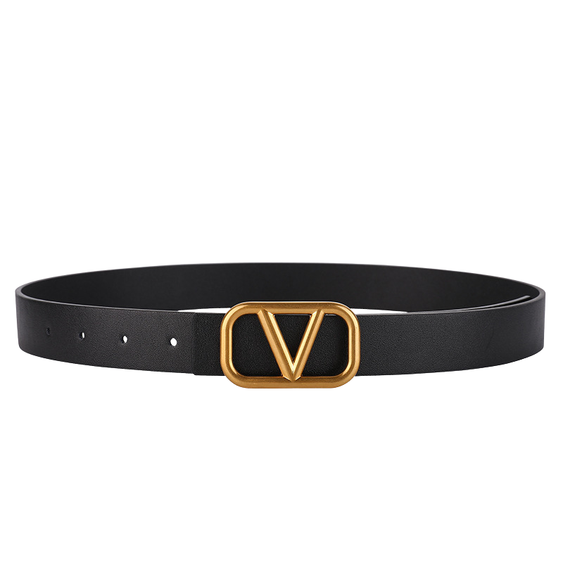 Ceinture Talitha noire en cuir refendu avec une boucle rectangulaire dorée ornée du logo "V"