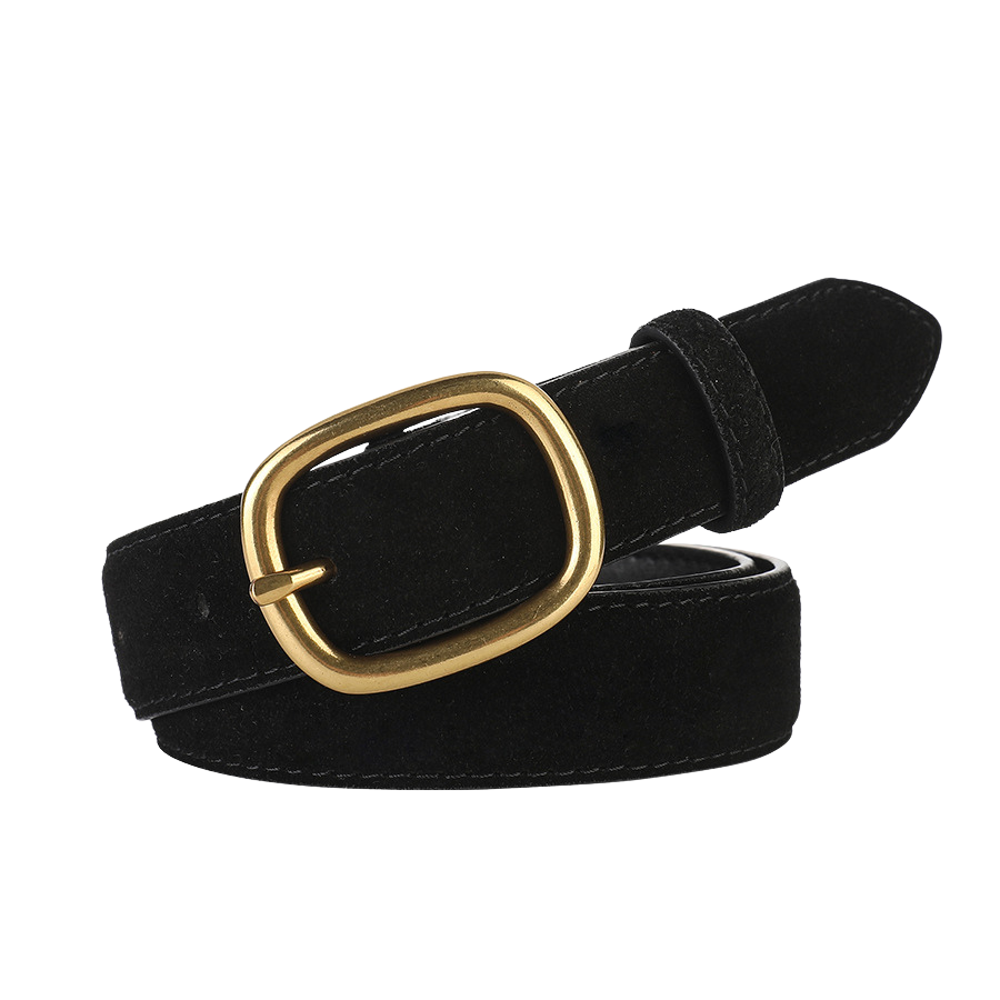 Ceinture femme Tendre noire en cuir refendu avec finition daim et boucle ardillon ovale dorée.
