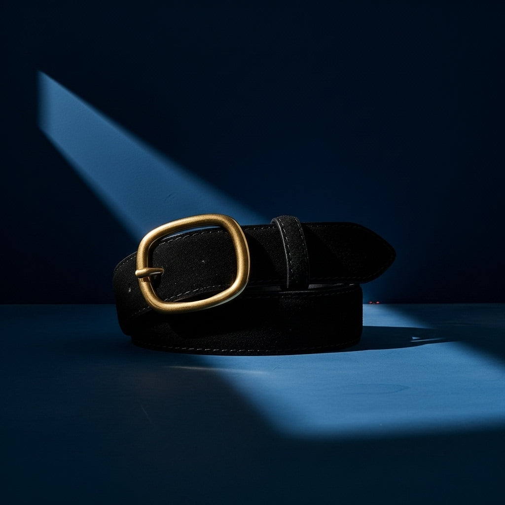 Ceinture noire Tendre en cuir refendu effet daim avec boucle ardillon ovale dorée. Largeur 2,8 cm, finition veloutée et vieillie. #fullwidth