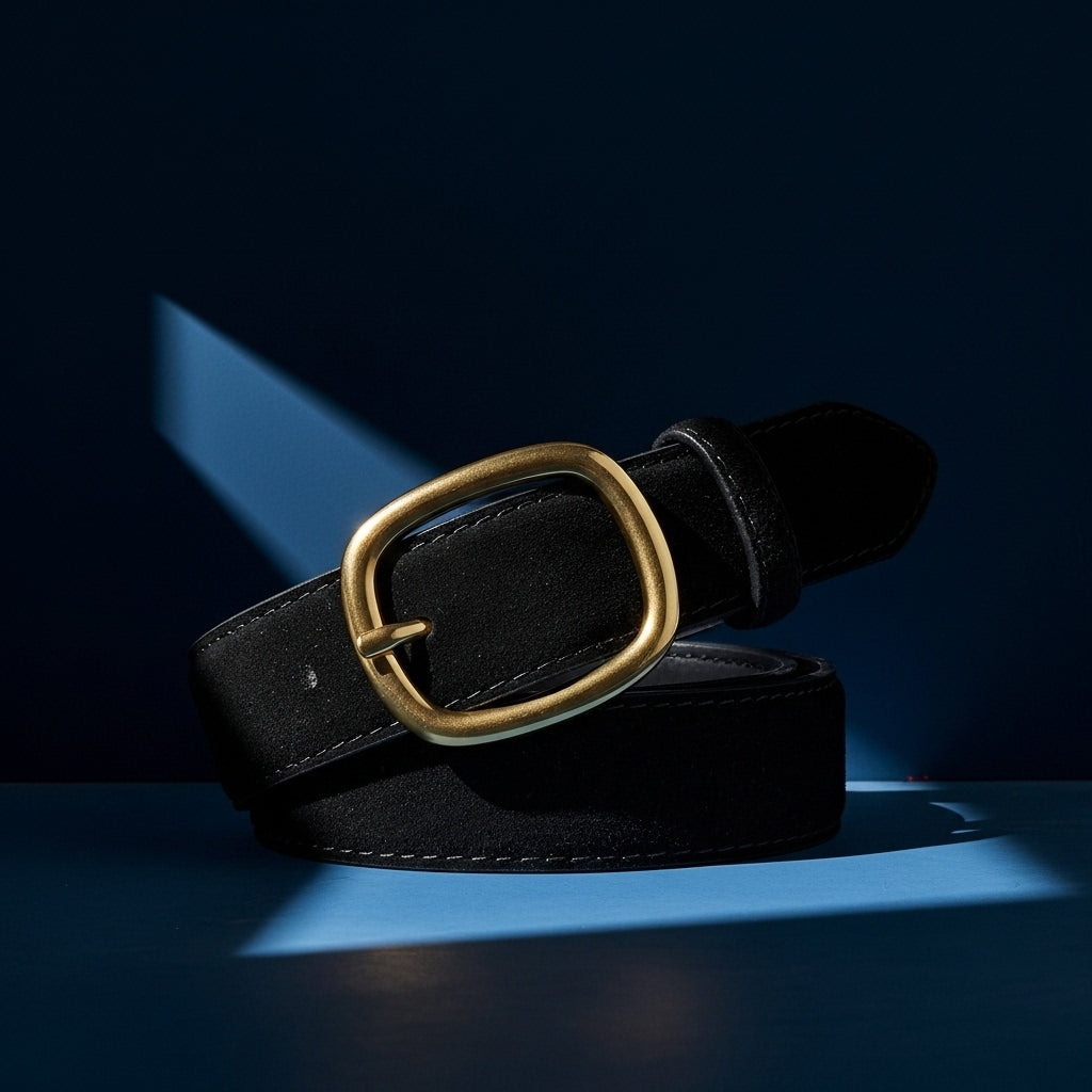 Ceinture femme Tendre noire en cuir refendu avec boucle ardillon ovale dorée à finition daim #fullwidth