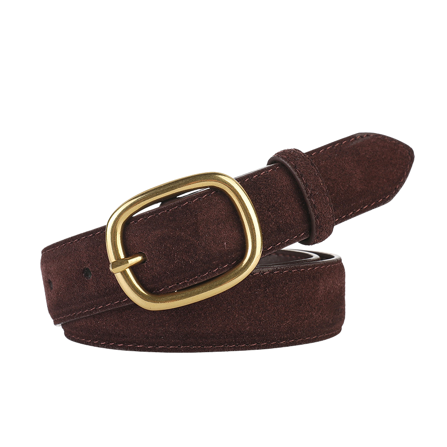Ceinture Tendre en cuir suédé marron foncé pour femme, largeur 2,8 cm, avec boucle ardillon ovale dorée.