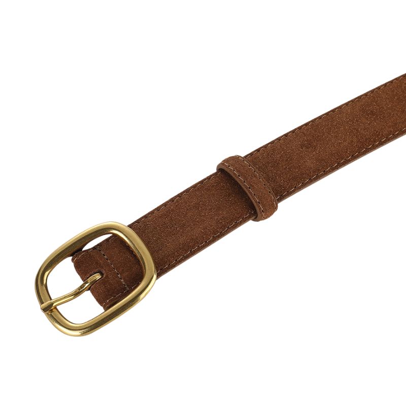 Ceinture Tendre marron en cuir refendu avec boucle ardillon ovale dorée et finition daim