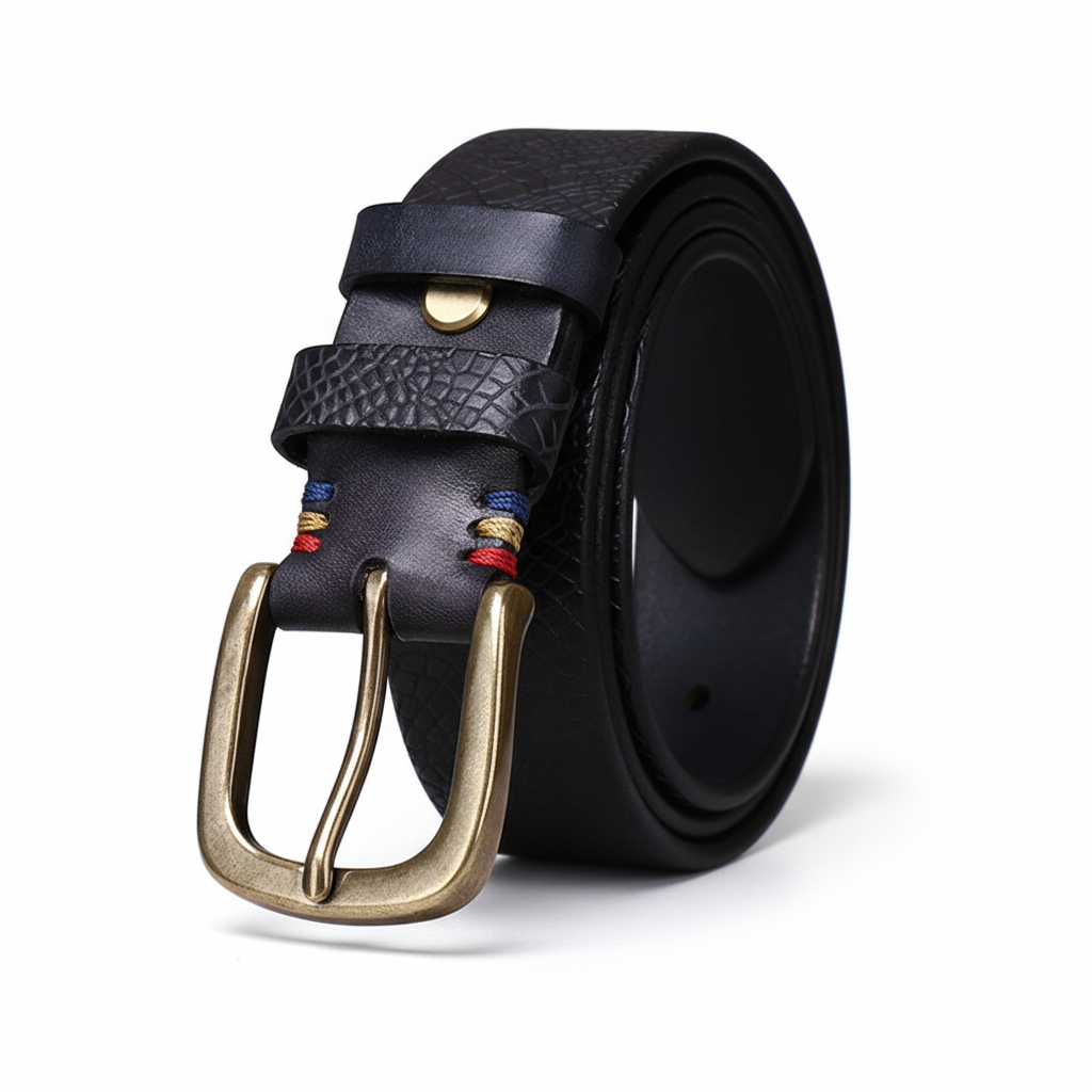 Ceinture en cuir Textuborn pour homme, noir, avec motif crocodile et boucle ovale en laiton vieilli, coutures contrastées. #fullwidth