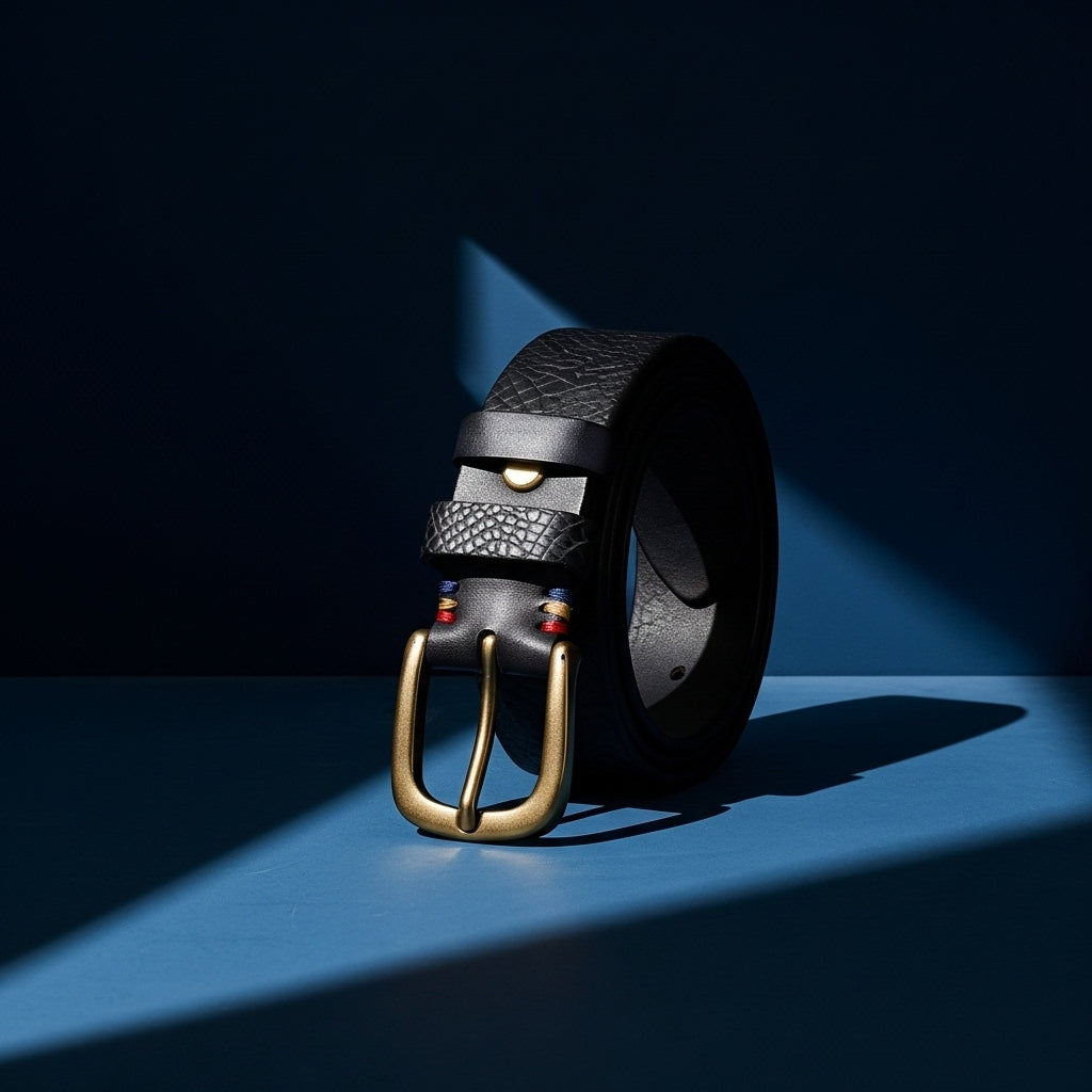 Ceinture homme Textuborn noire en cuir pleine fleur avec relief crocodile, boucle ardillon ovale en cuivre doré vieilli et coutures contrastantes colorées. #fullwidth