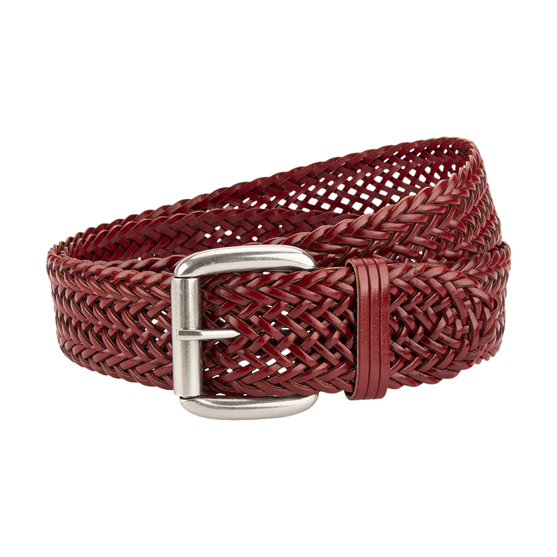 Ceinture femme Thaïs en simili cuir tressé rouge avec boucle ardillon argentée.