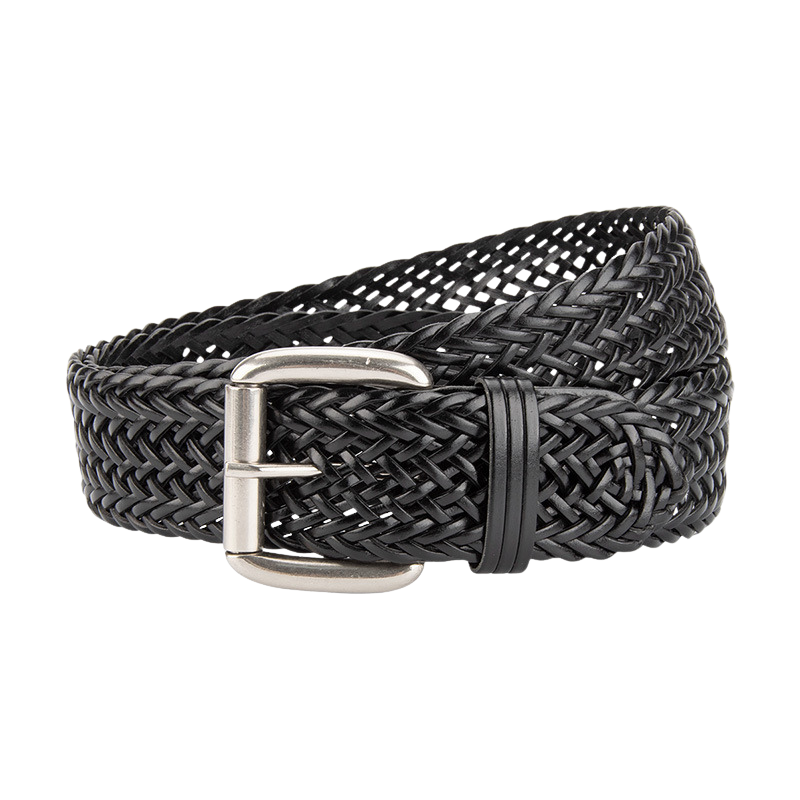 Ceinture femme Thaïs en simili cuir tressé noir avec boucle carrée argentée