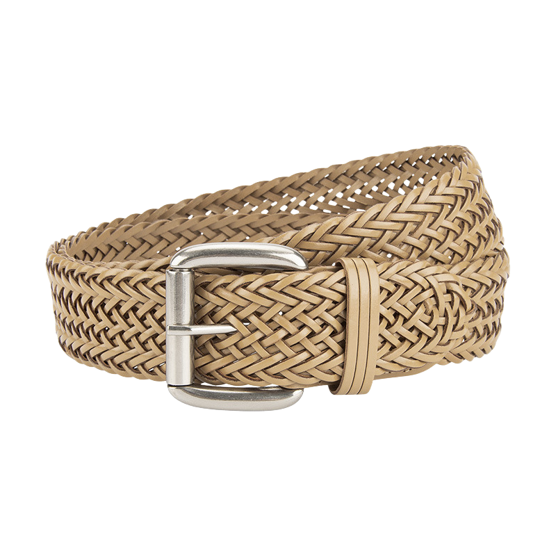 Ceinture femme Thaïs beige tressée en simili cuir avec boucle ardillon carrée argentée, 4 cm de large.