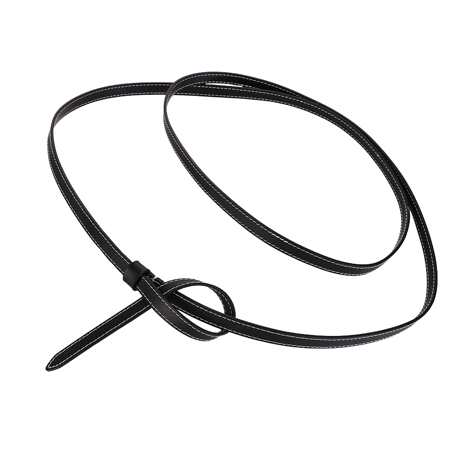 Ceinture fine noire Thalia en cuir pleine fleur, avec coutures blanches contrastées et système de nouage sans boucle.