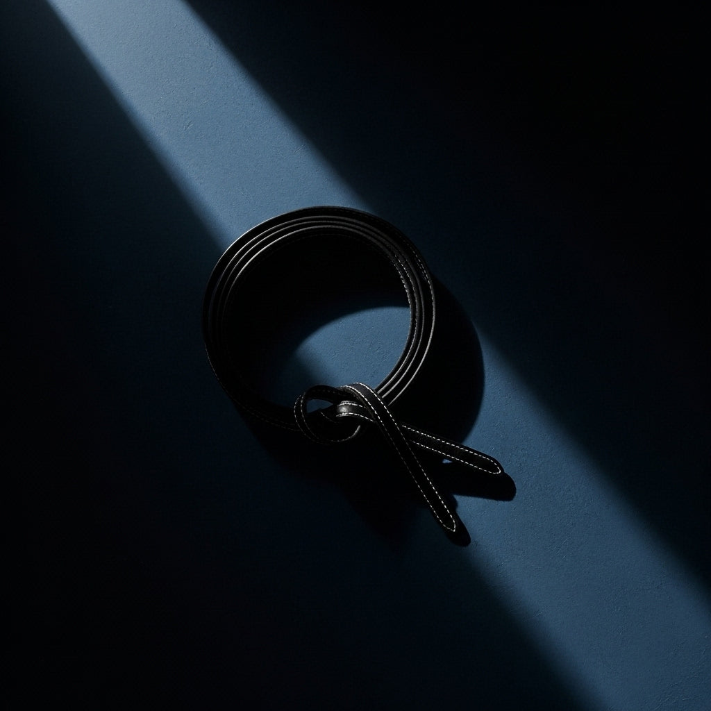 Ceinture fine en cuir noir Thalia, sans boucle, avec coutures blanches contrastées, nouée sur elle-même sur fond bleu nuit #fullwidth