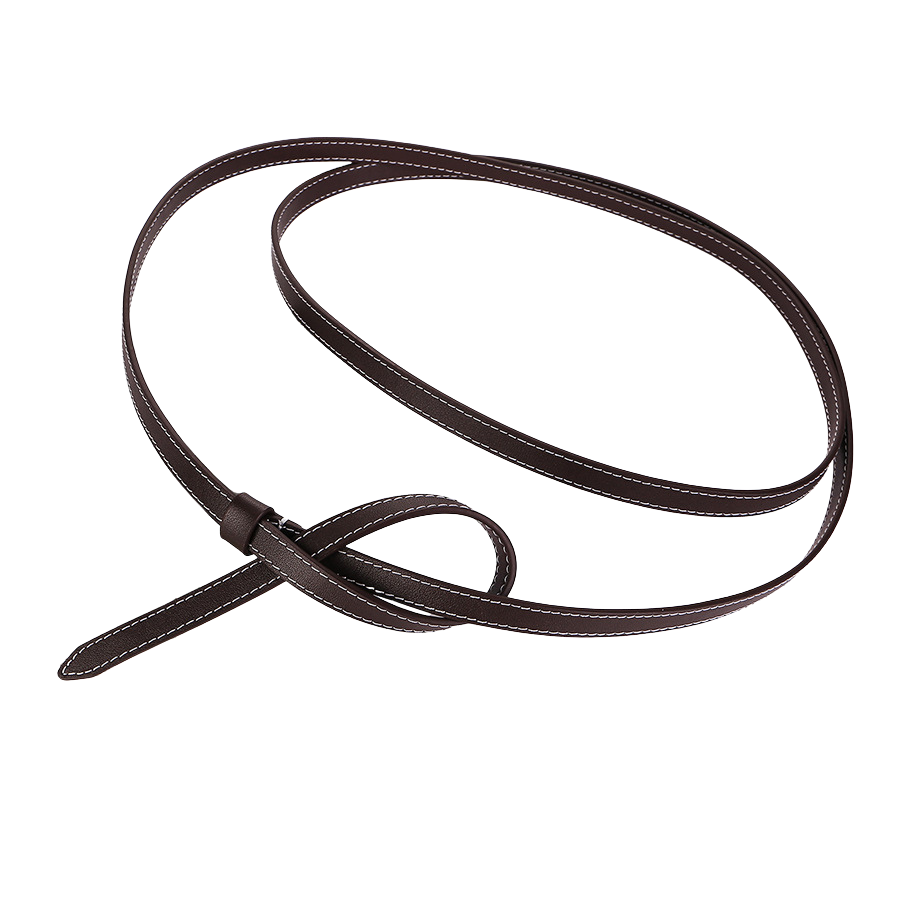 Ceinture fine Thalia en cuir marron foncé avec coutures blanches contrastantes, sans boucle, se nouant facilement.