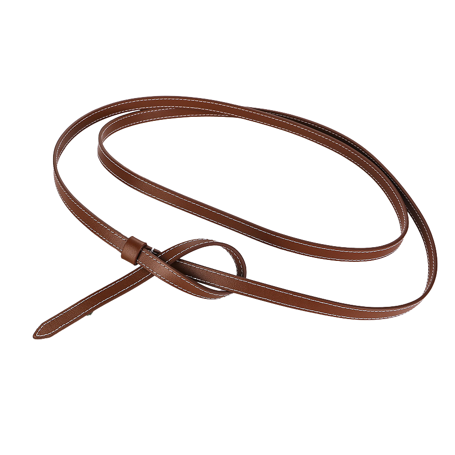 Ceinture Thalia en cuir marron, fine avec coutures blanches contrastantes et nœud, sans boucle. Longueur 198 cm, largeur 1 cm.