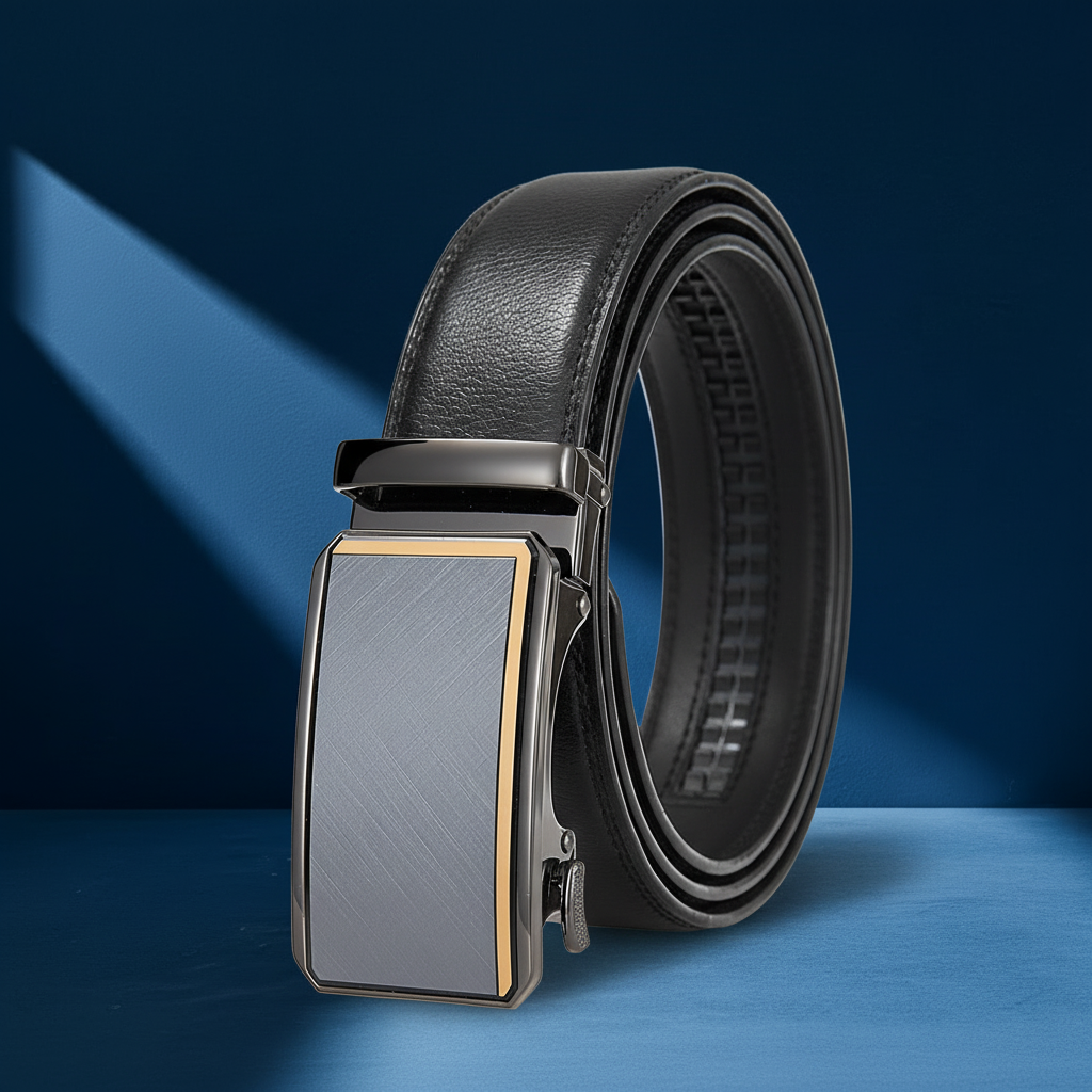 Ceinture homme Théo Lin 20 en cuir de vachette noir avec boucle automatique rectangulaire grise et finitions dorées #fullwidth
