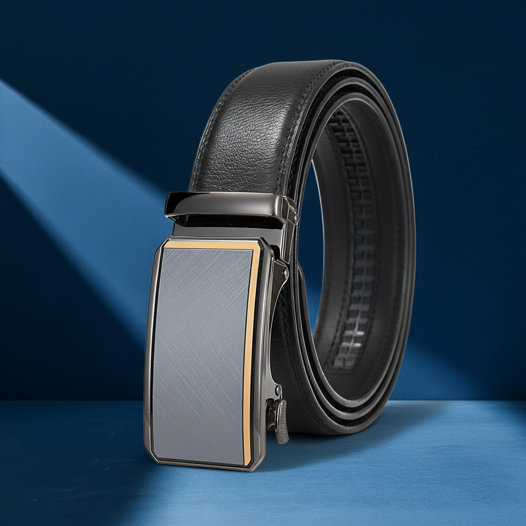 Ceinture homme Théo Lin 20 noire en cuir avec boucle automatique rectangulaire grise et dorée #fullwidth