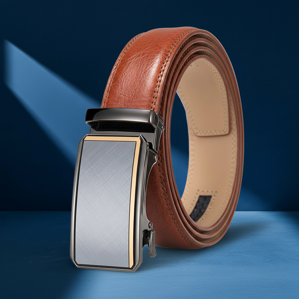 Ceinture Théo Lin 60 en cuir de vachette marron avec boucle automatique rectangulaire en métal finition brillante et détails chromés, largeur 3.5 cm #fullwidth